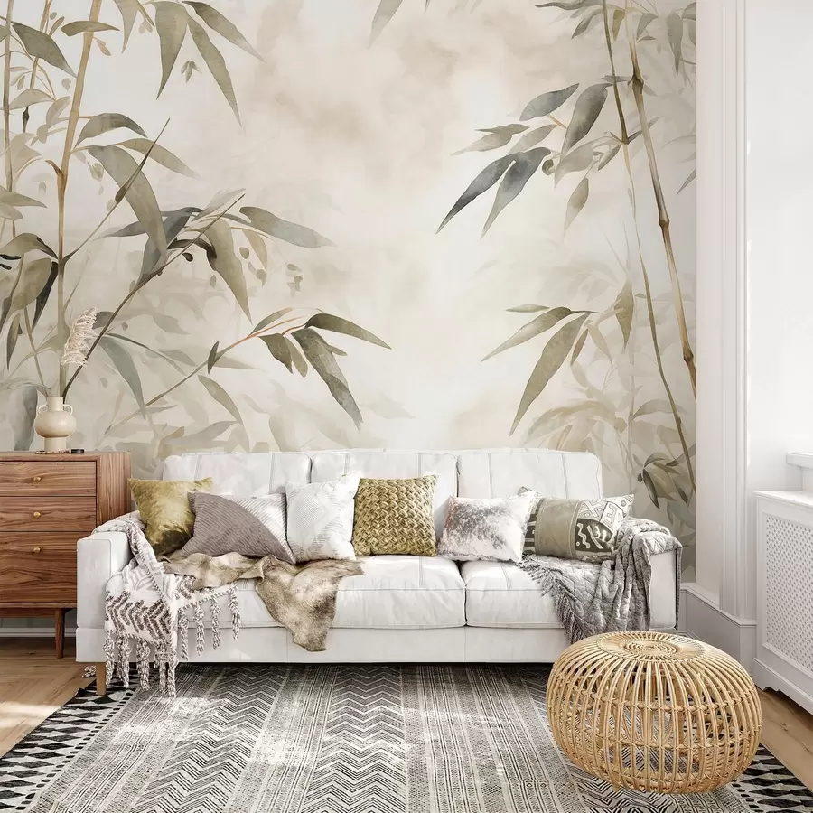Fototapeedid Bambuse tekstuuriga oksad koos lehtedega akvarellstiilis, pehme neutraalne värvipalett, heledat beeži värvi taustaga w09204