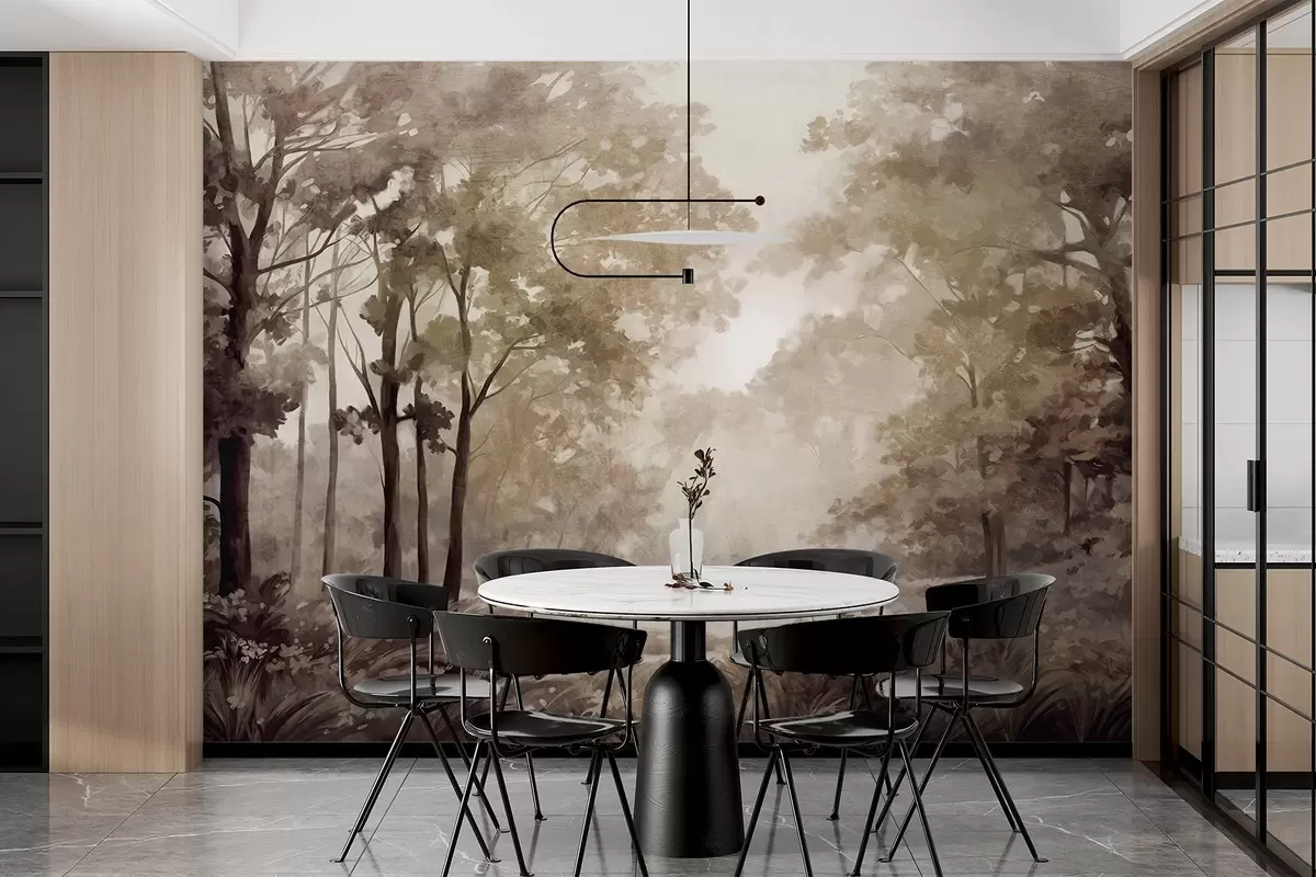 Fototapeedid Tekstuurne metsamaastik, beežide ja pruunide lehtedega puud, pastelne värvipalett w09210