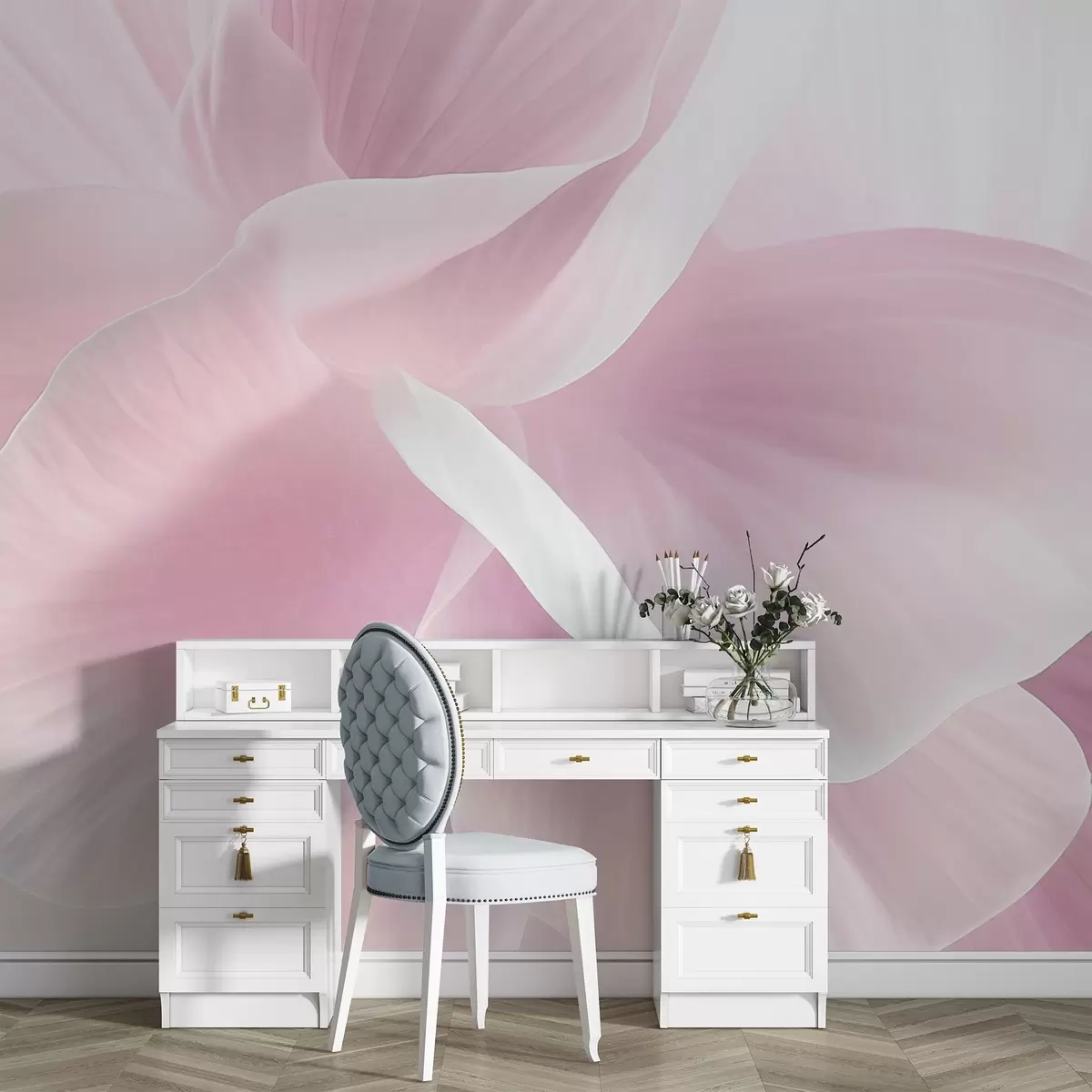 Fototapeedid Abstraktne tekstuurne lill õrnade kroonlehtedega, pehme valgustus, elegantne kompositsioon, minimalistlik esteetika w09211v1