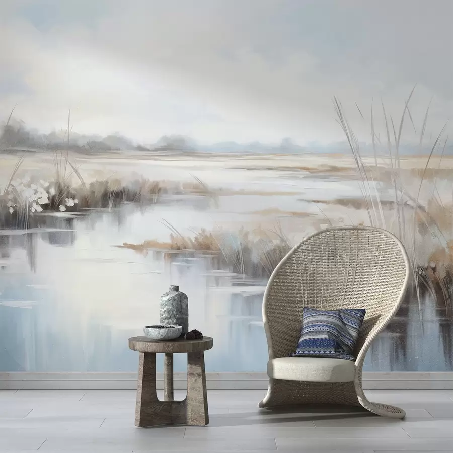 Fototapeedid Tekstuurne rahulik maastik kõrgete rohtude ja rahuliku veega, pehmed pastellvärvid, kauged puud horisondil w09213