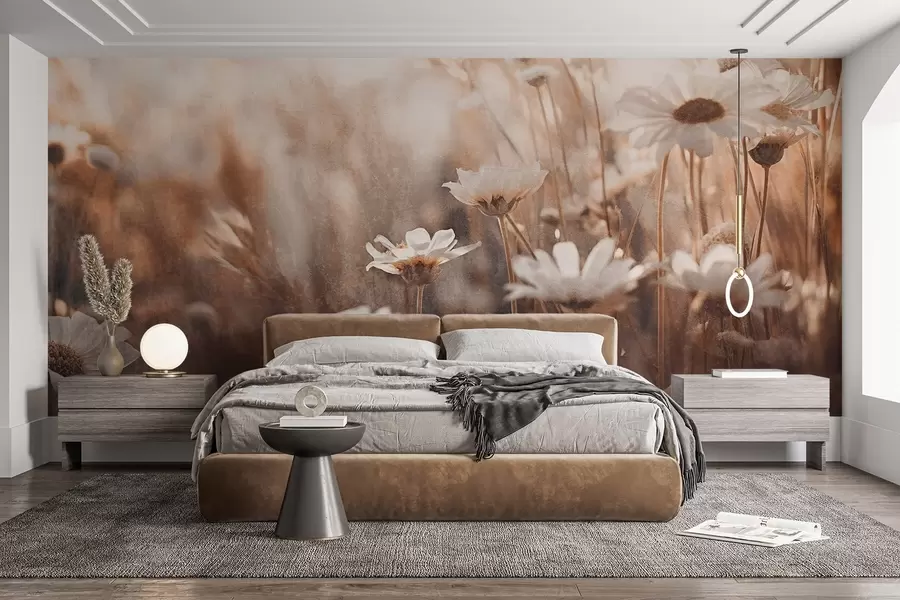 Fototapeedid Tekstuurne väli valgeid päevakesi ja metsalilli soojas värvipaletis, mille taust on hägune w09214