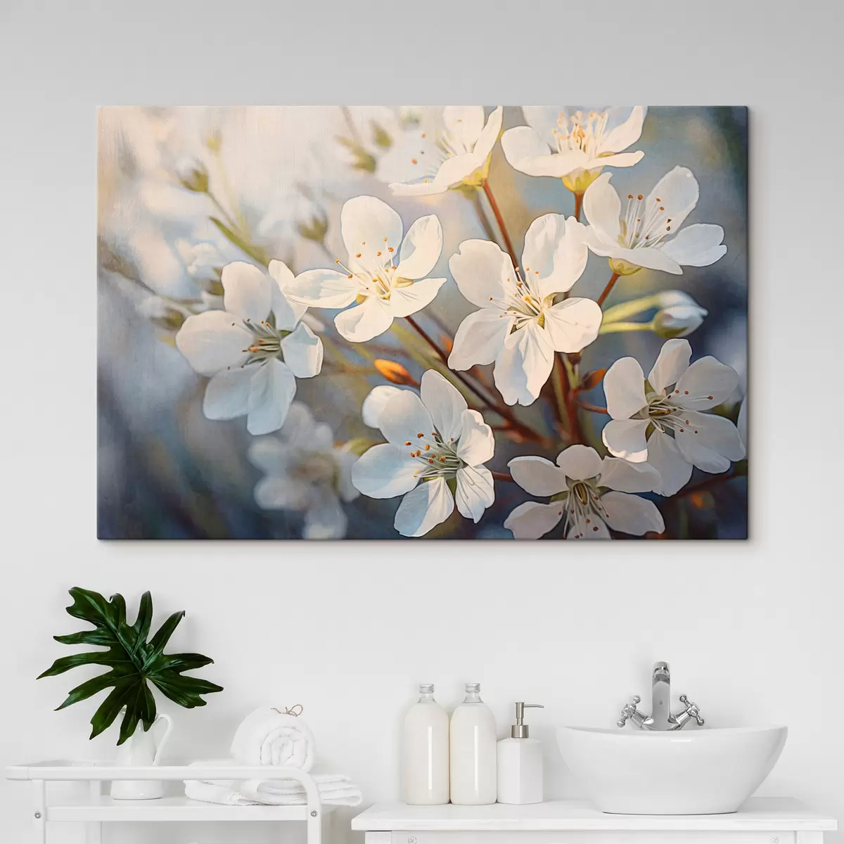 Pilt Valge tekstuuriga kirsiõied akvarellistiilis, õrnad kroonlehed, kevadine hooaeg s44859