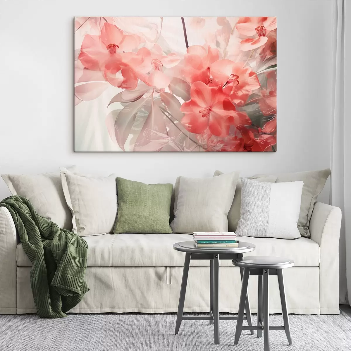 Pilt Eredad roosad troopilised lilled koos pehmete, vaoshoitud roheliste lehtedega, mis loovad unenäolise õrna tekstuuri s44861