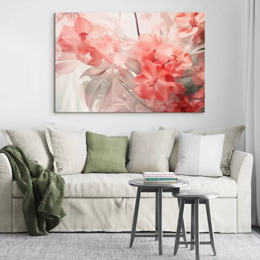 Pilt Eredad roosad troopilised lilled koos pehmete, vaoshoitud roheliste lehtedega, mis loovad unenäolise õrna tekstuuri s44861