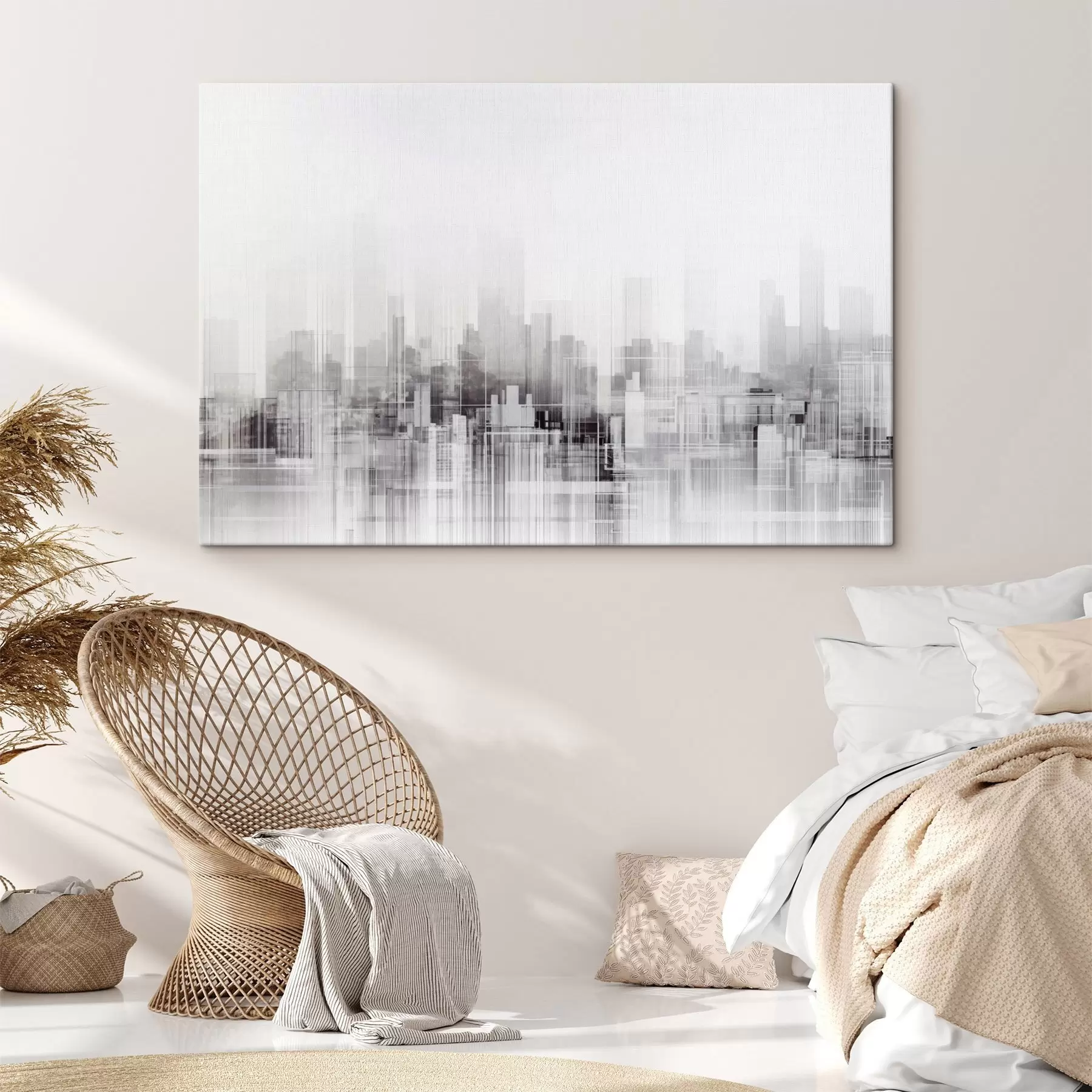 Fototapeedid Tekstuurne minimalistlik linnapilt kõrgete hoonete ja pilvelõhkujatega, siluettidena valge taeva taustal s44863