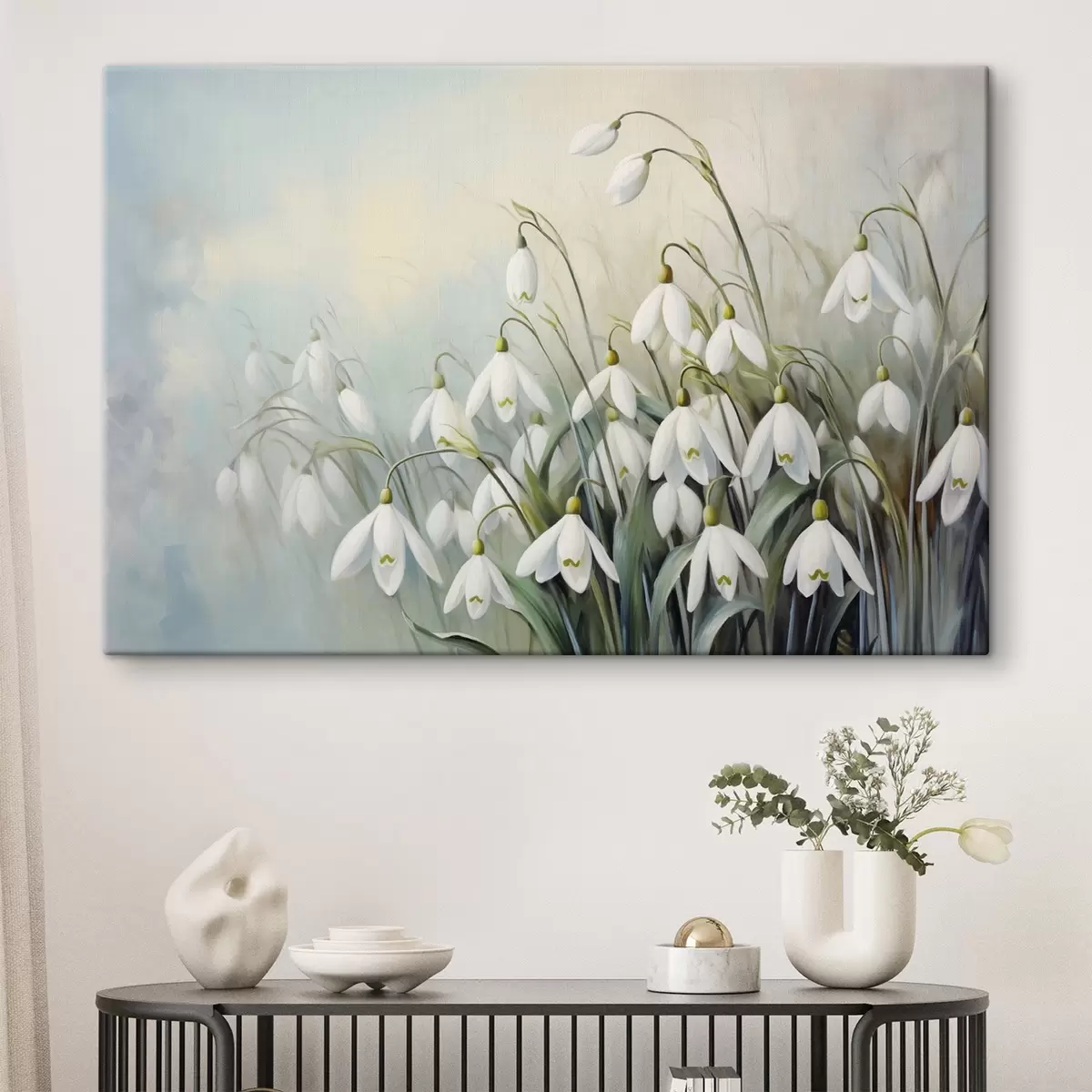 Pilt Valged lumikellukesed siniste ja roheliste varte ja lehtedega, pehmed pintslitõmbed, hägune taust  s44864