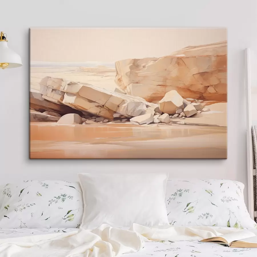 Pilt Minimalistlik kivine rannamaastik suurte helepruunide kiviklibude ja selge veega s44865