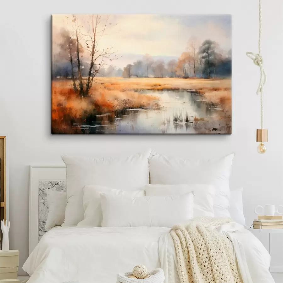 Pilt Rahulik tekstuuriga maastikumaali imitatsioon pilliroost ja paljaste puude, rahuliku vee all taevas s44867