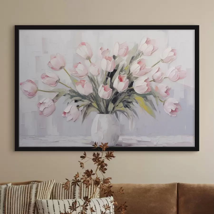 Fototapeedid Vaas roosade tulpidega, rohelised lehed, helehall taust , õlimaal stiilis, paksud pintslitõmbed f44852