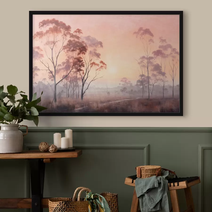 Fototapeedid Maastikumaal kõrge rohu ja puudega põllul, taustal on päike f44854