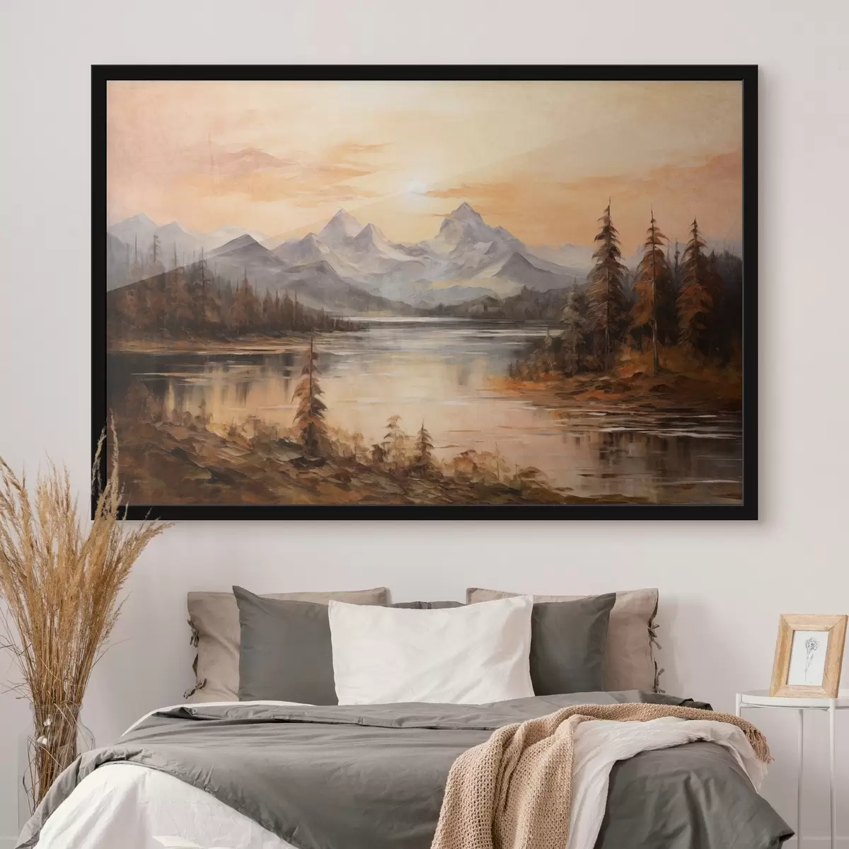 Plakat Maastik järvega, mida ümbritsevad puud ja mäed taustal, oranž taevas koos päikesega f44857