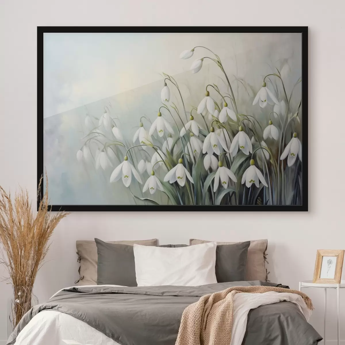 Plakat Valged lumikellukesed siniste ja roheliste varte ja lehtedega, pehmed pintslitõmbed, hägune taust f44864