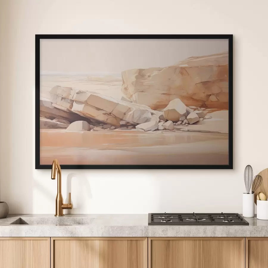 Pilt Minimalistlik kivine rannamaastik suurte helepruunide kiviklibude ja selge veega f44865