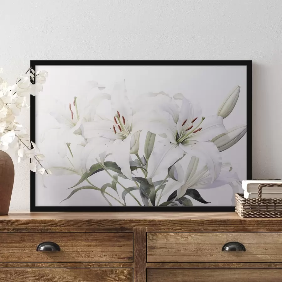 Fototapeedid Roheliste lehtedega, õrnade kroonlehtedega ja pehme valge taustaga valge lillede kimp f44868