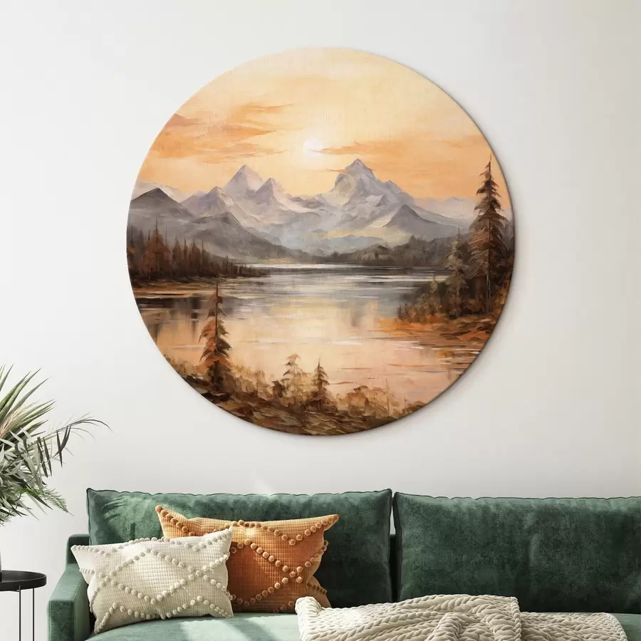 Pilt Maastik järvega, mida ümbritsevad puud ja mäed taustal, oranž taevas koos päikesega r44857