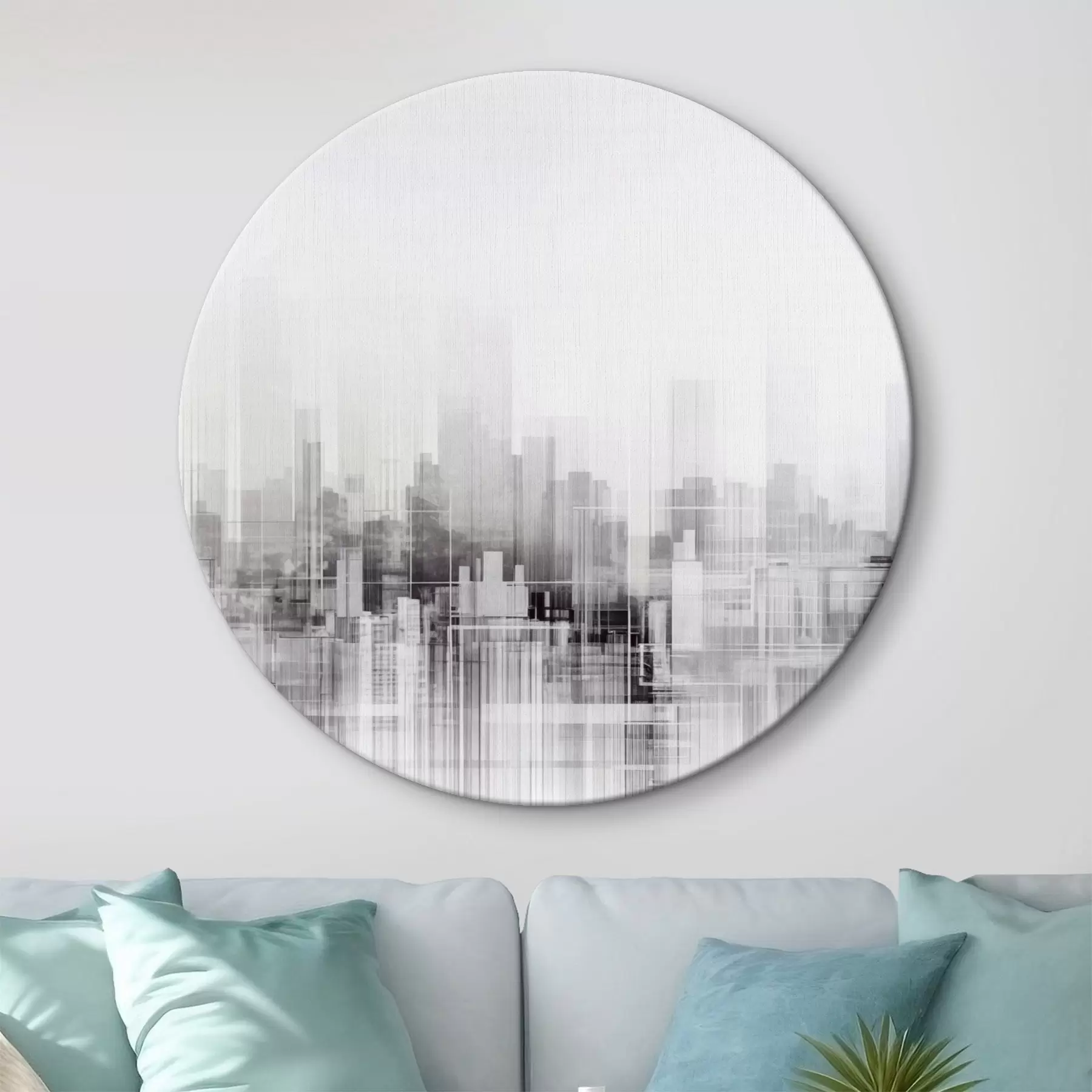 Pilt Tekstuurne minimalistlik linnapilt kõrgete hoonete ja pilvelõhkujatega, siluettidena valge taeva taustal r44863