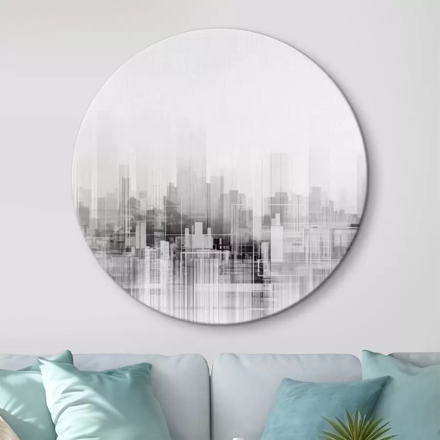 Pilt Tekstuurne minimalistlik linnapilt kõrgete hoonete ja pilvelõhkujatega, siluettidena valge taeva taustal r44863