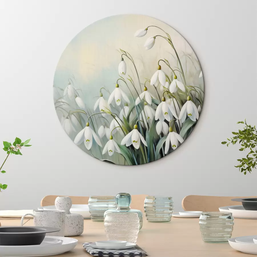 Pilt Valged lumikellukesed siniste ja roheliste varte ja lehtedega, pehmed pintslitõmbed, hägune taust r44864