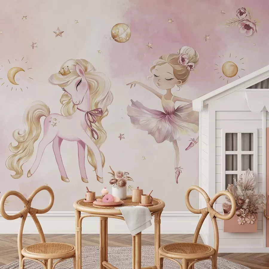 Fototapeedid Ükssarvik ja baleriin roosa muinasjutt, lastejutt w04196