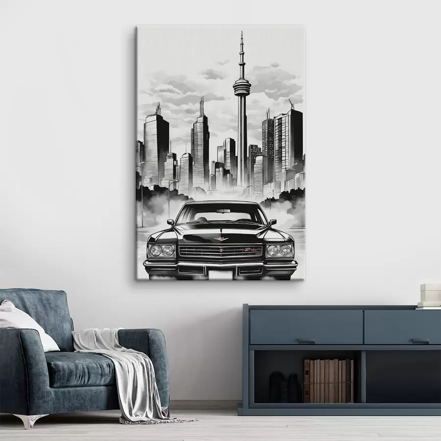 Pilt Retro auto ühevärvilise linna taustal koos pilvelõhkujatega s44871