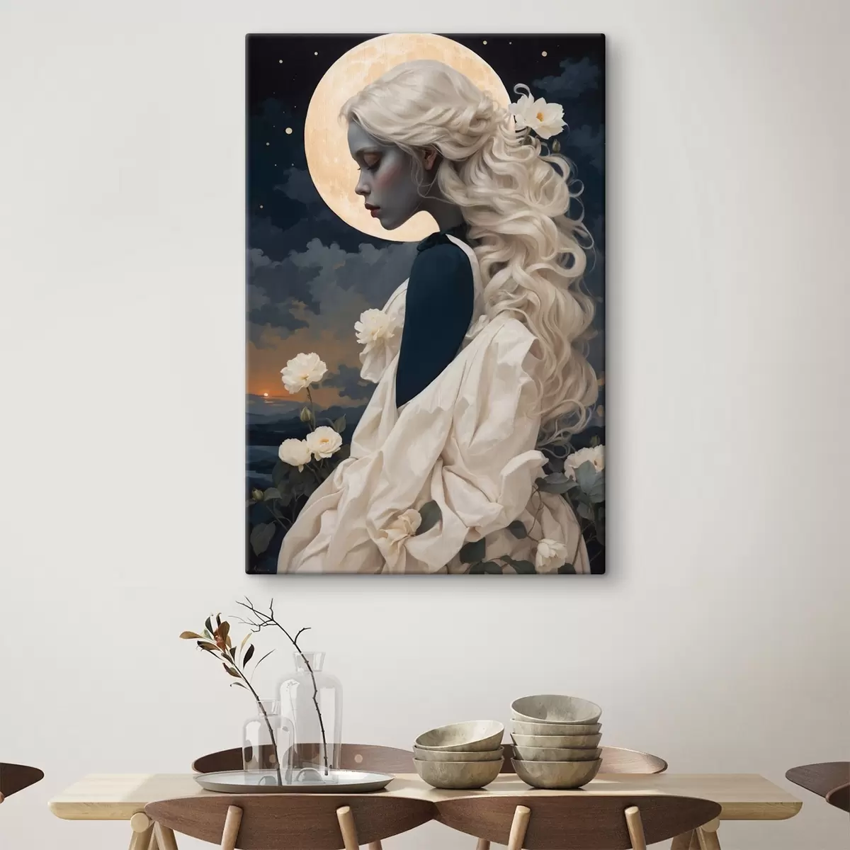 Pilt Valgete juustega tüdruku portree ja täiskuu s44887