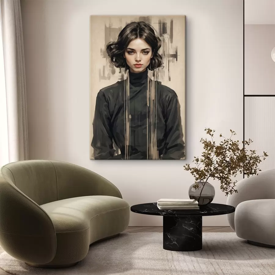 Pilt Lühikeste tumedate juustega naise portree abstraktsel taustal s44890