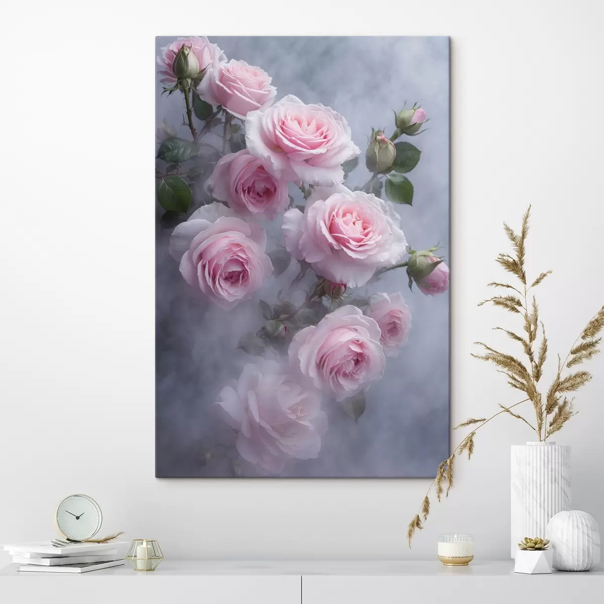 Pilt Pehmelt roosad roosid roheliste lehtedega udus s44892