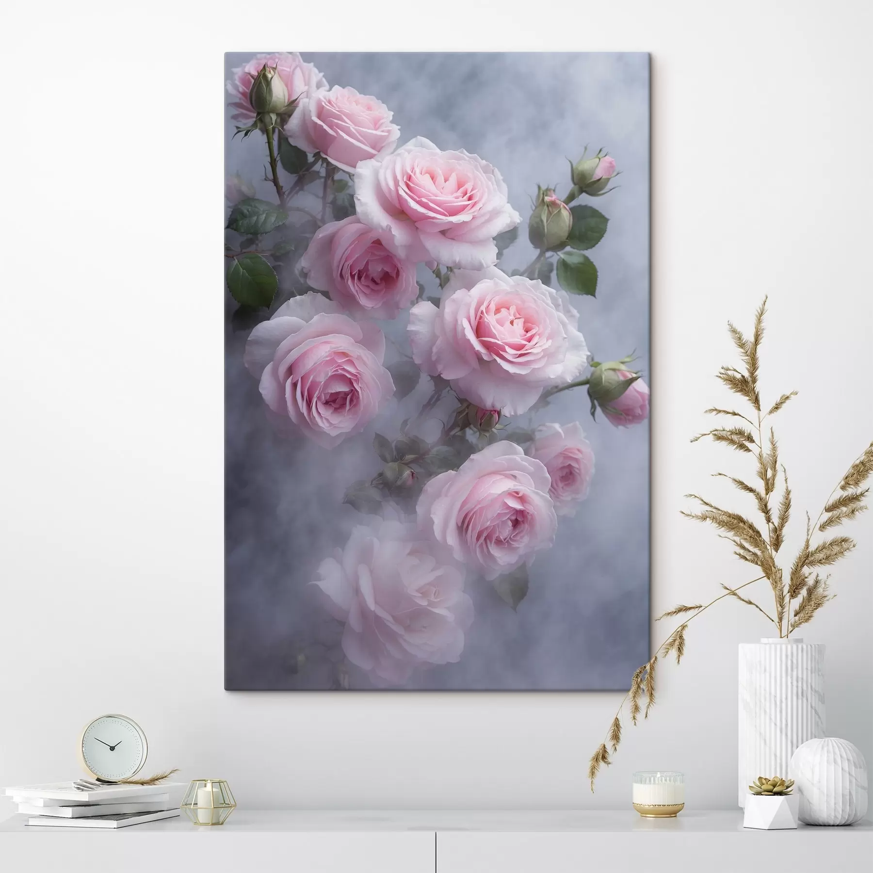 Fototapeedid Pehmelt roosad roosid roheliste lehtedega udus s44892