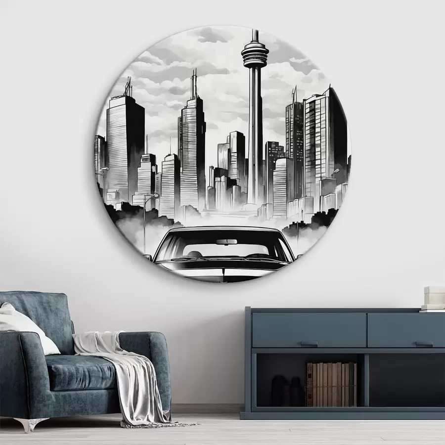 Pilt Retro auto ühevärvilise linna taustal koos pilvelõhkujatega r44871