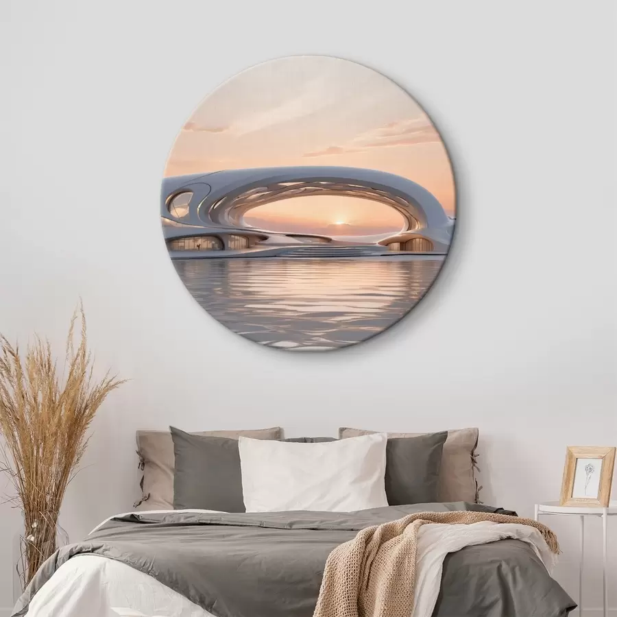 Pilt Futuristlik hoone vee peal roosa päikeseloojangu taustal r44884