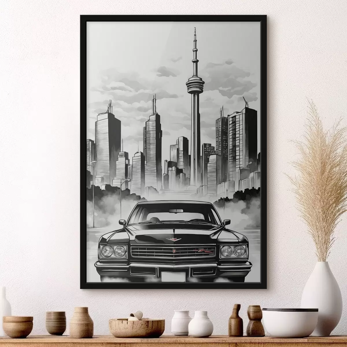 Plakat Retro auto ühevärvilise linna taustal koos pilvelõhkujatega f44871