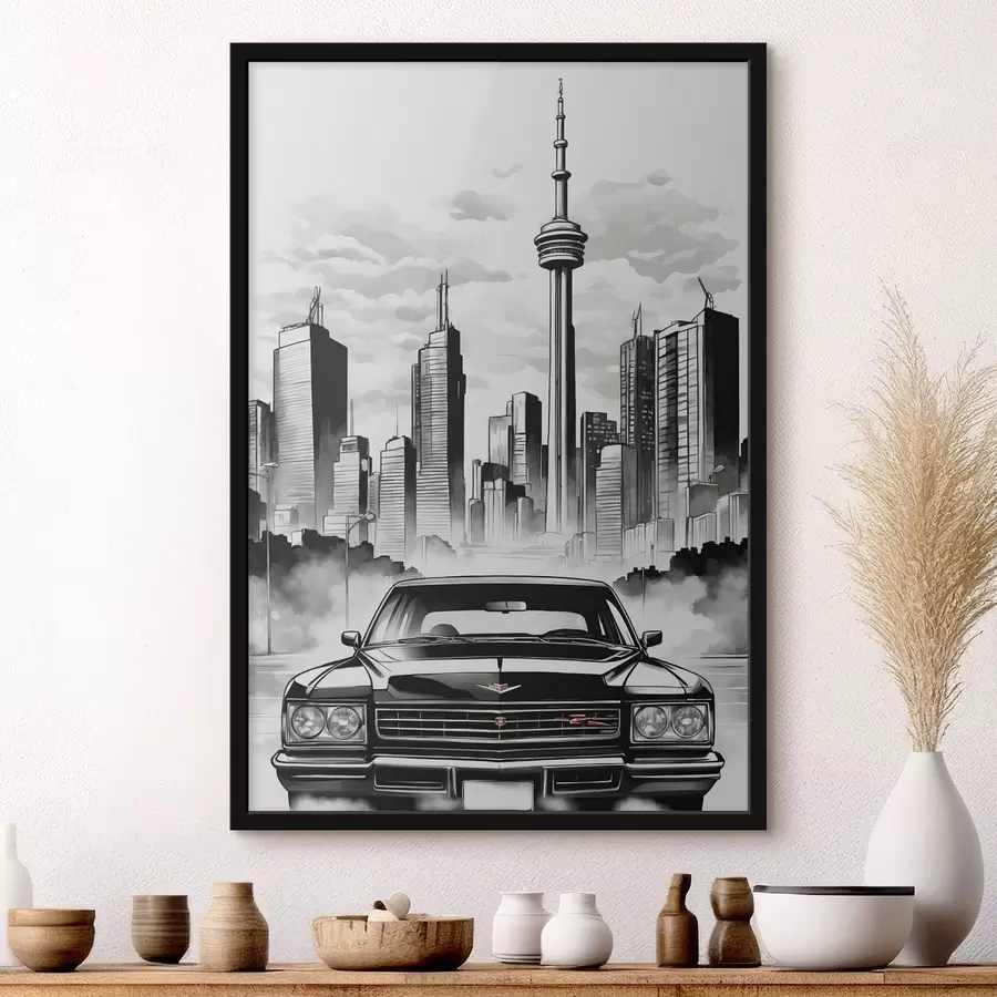 Fototapeedid Retro auto ühevärvilise linna taustal koos pilvelõhkujatega f44871