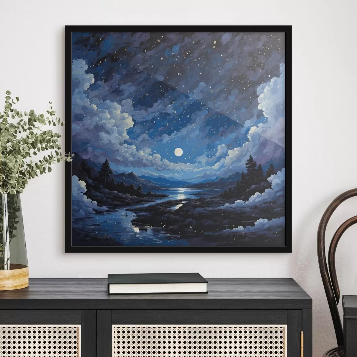 Plakat Öötaevas kuu ja tähtedega mägimaastiku kohal f44872