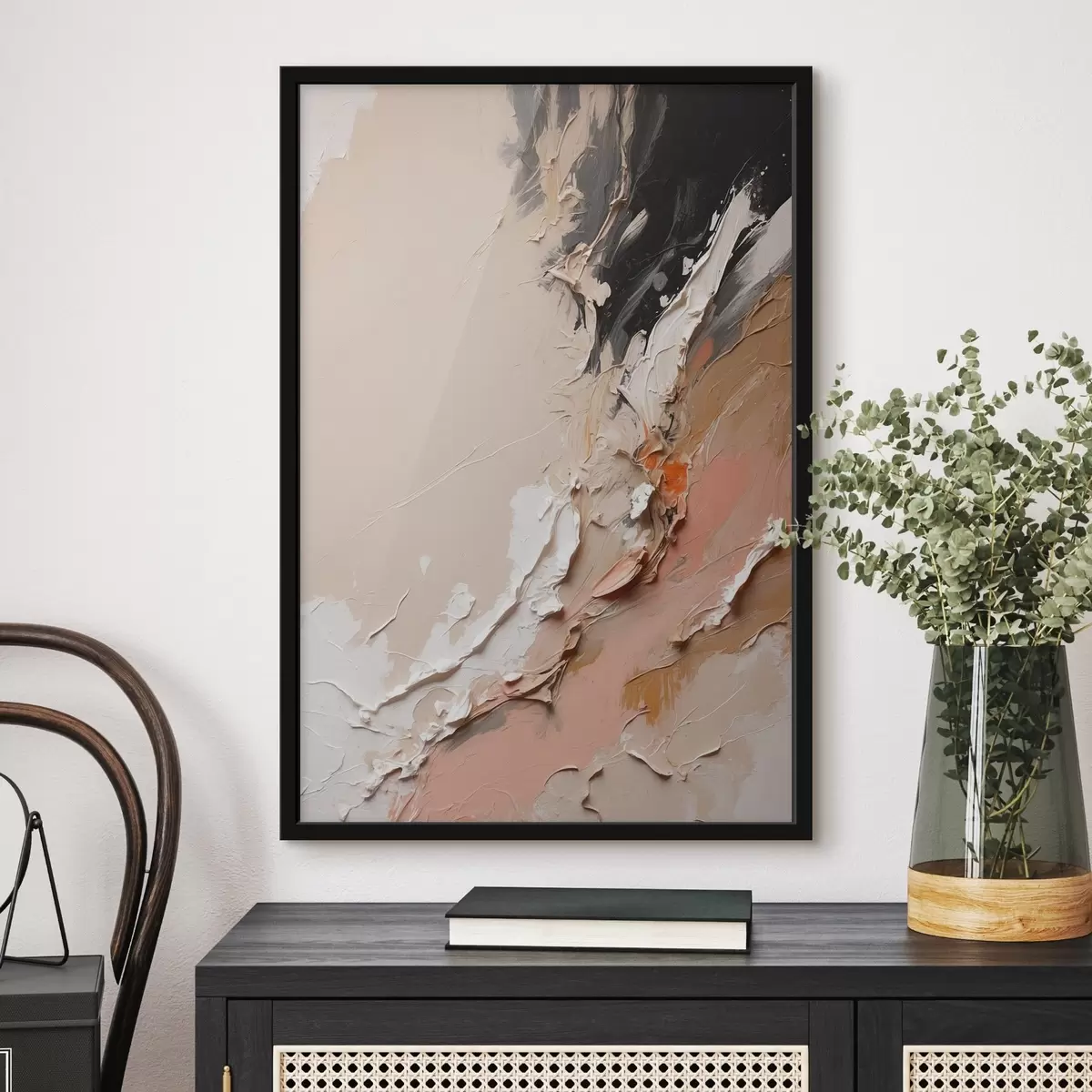 Plakat Beež ja must abstraktsioon roosa ja valge aktsentidega f44875