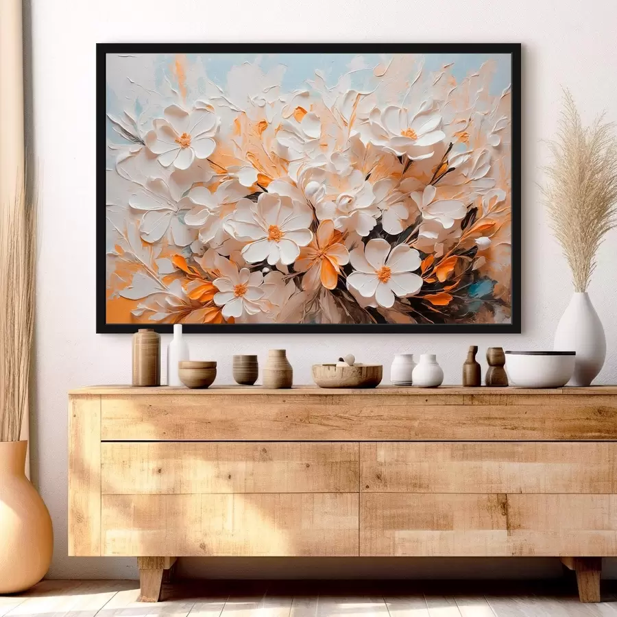 Fototapeedid Valged ja virsikukollased lilled sinisel taustal koos pastellidega f44879