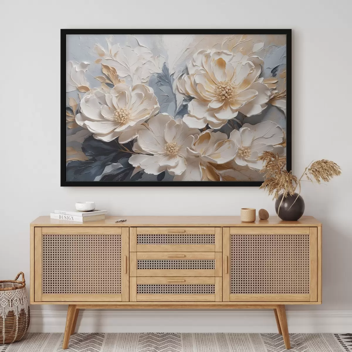 Plakat Volüümilised kreemjad pojengid helesinisel taustal f44880