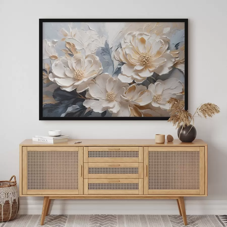 Fototapeedid Volüümilised kreemjad pojengid helesinisel taustal f44880