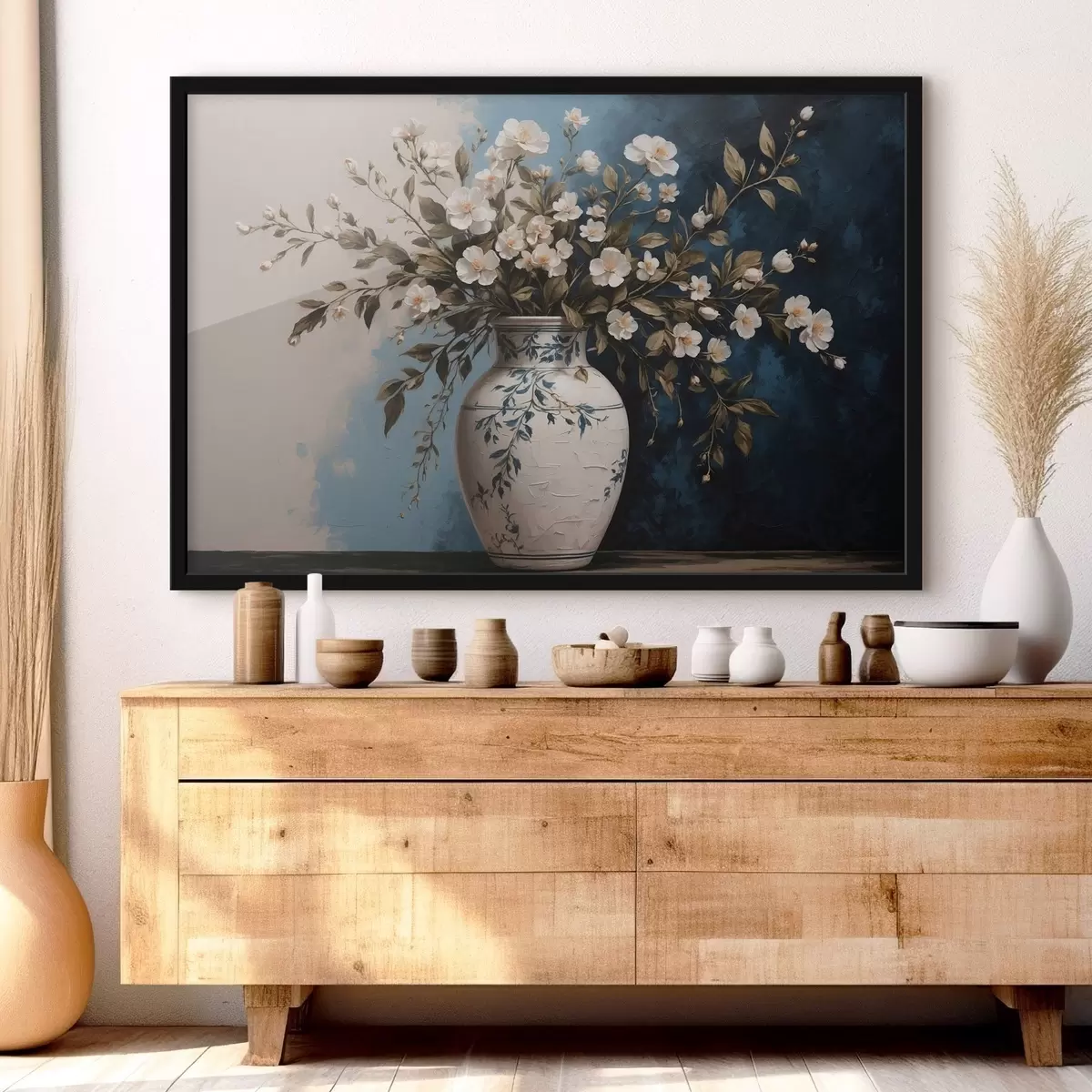 Plakat Valged ja kollased lilled suures vaasis sinisel taustal f44893