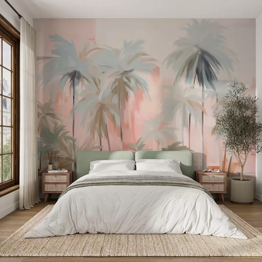 Fototapeedid Abstraktne minimalistlik pastelne troopiline palmipuu, taustaks pehme roosa ja virsiku toonid w09212