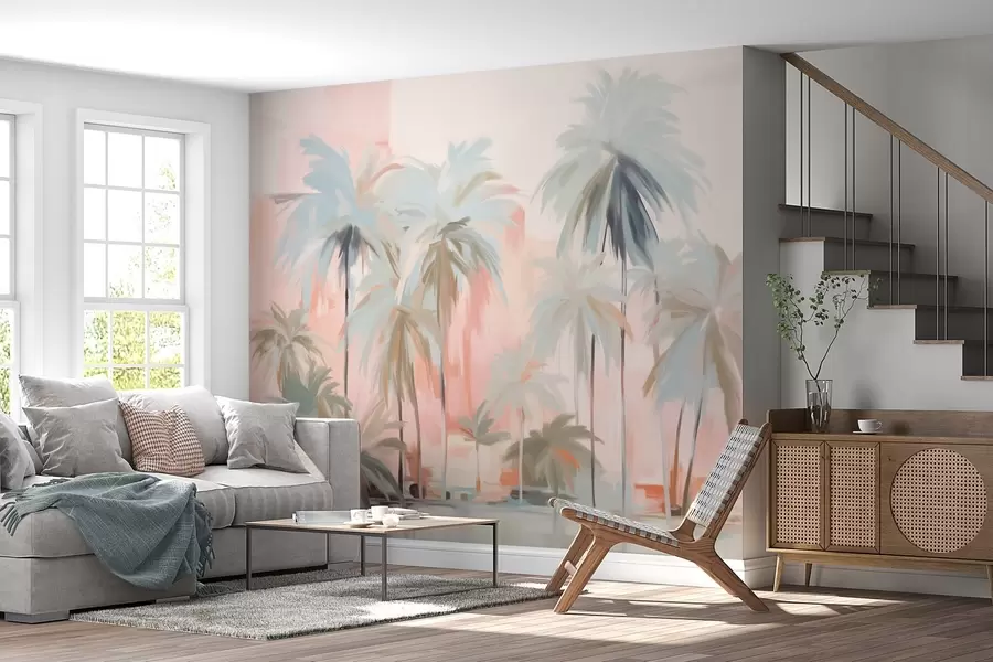 Fototapeedid Abstraktne minimalistlik pastelne troopiline palmipuu, taustaks pehme roosa ja virsiku toonid w09212