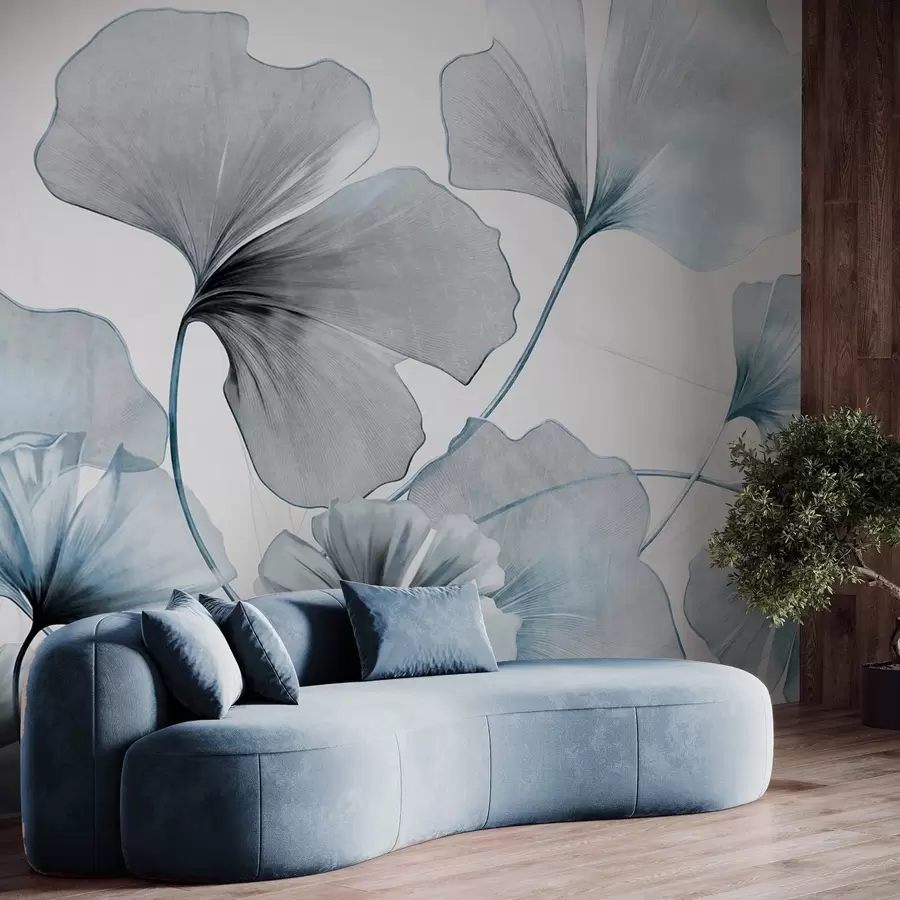 Fototapeedid Ginkgo biloba lehed vaoshoitud sinistes ja hallides toonides, õrna tekstuuriga akvarelli efekt, kerge taustaga w09215v1
