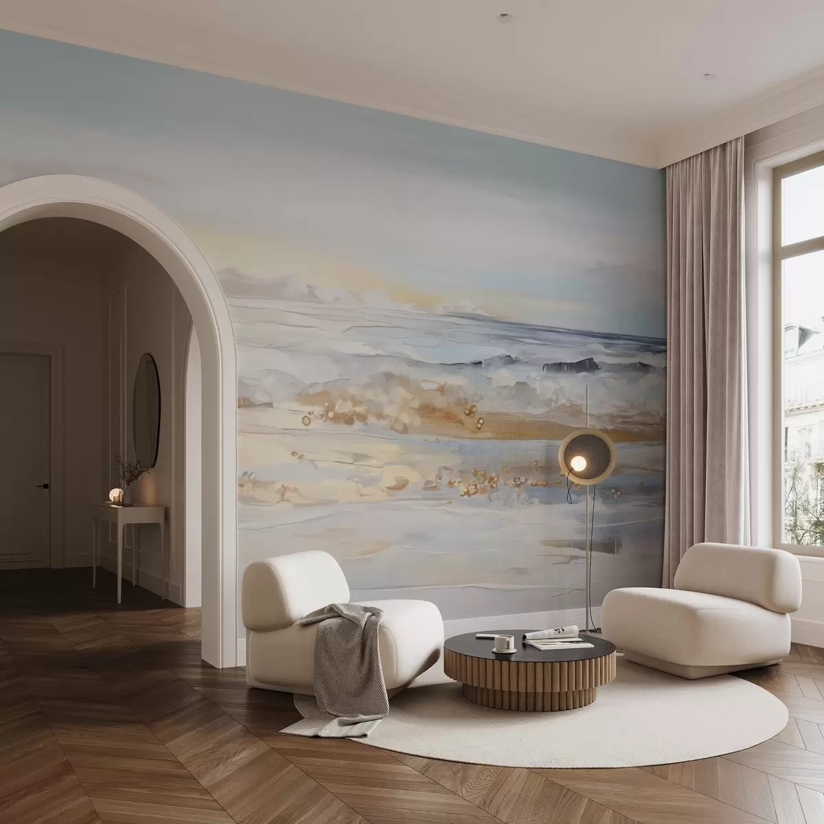 Fototapeedid Abstraktne tekstuurne maastik ookeanilained põrkuvad liivarannal, pehmed pastelsed värvid, sinine taevas koos kergete pilvedega w09234