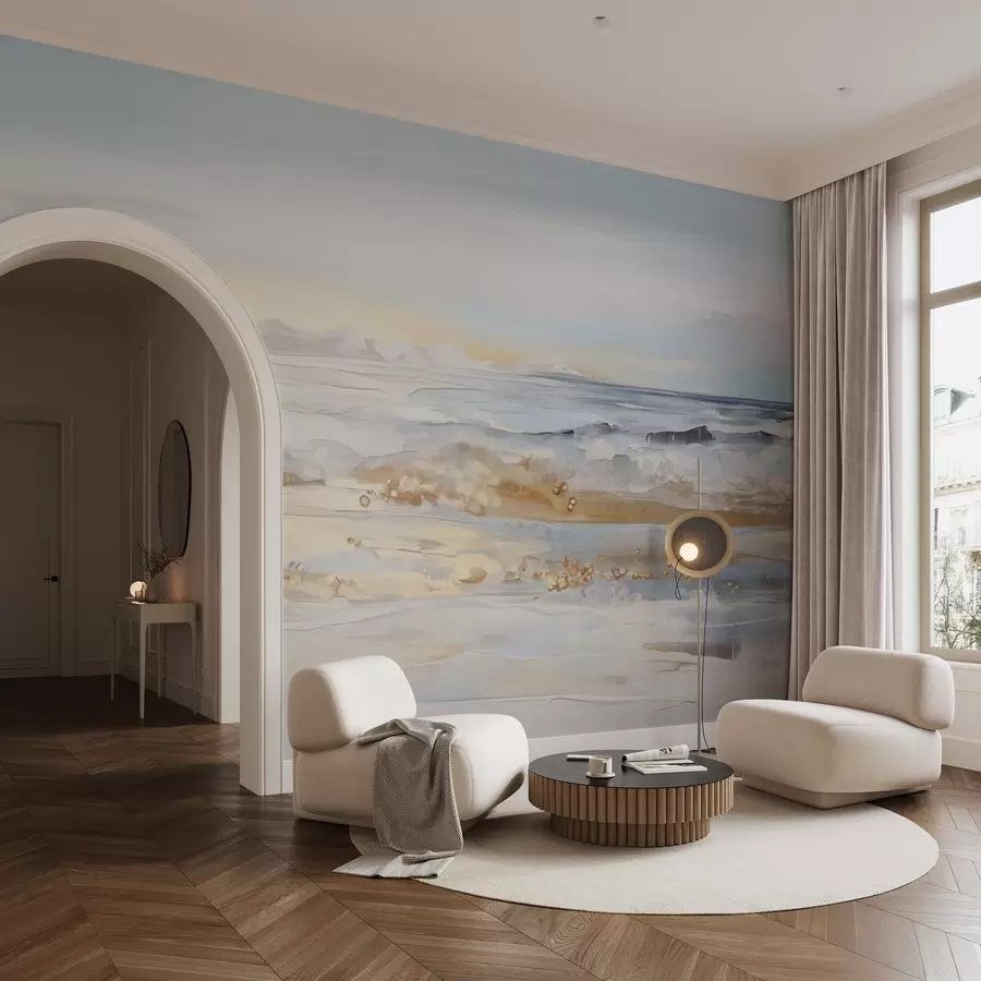 Fototapeedid Abstraktne tekstuurne maastik ookeanilained põrkuvad liivarannal, pehmed pastelsed värvid, sinine taevas koos kergete pilvedega w09234