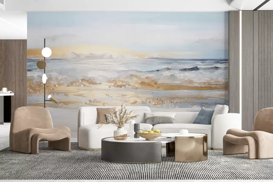 Fototapeedid Abstraktne tekstuurne maastik ookeanilained põrkuvad liivarannal, pehmed pastelsed värvid, sinine taevas koos kergete pilvedega w09234