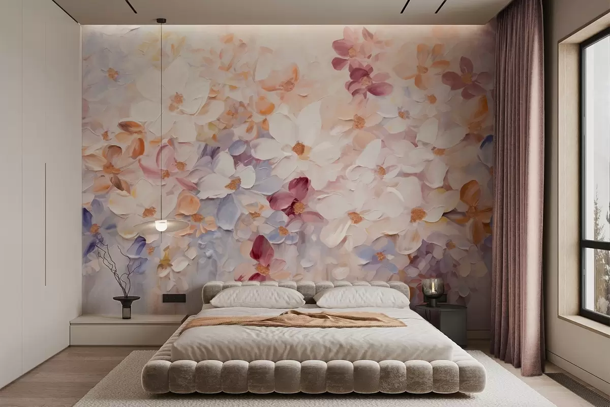 Fototapeedid Õlimaal imitatsioon lilleaia valge, roosa ja oranžide lilledega, pehmed pintslitõmbed, pastelsed vaoshoitud värvid w09236