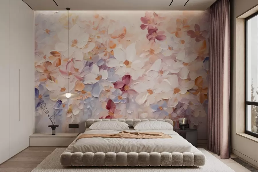 Fototapeedid Õlimaal imitatsioon lilleaia valge, roosa ja oranžide lilledega, pehmed pintslitõmbed, pastelsed vaoshoitud värvid w09236