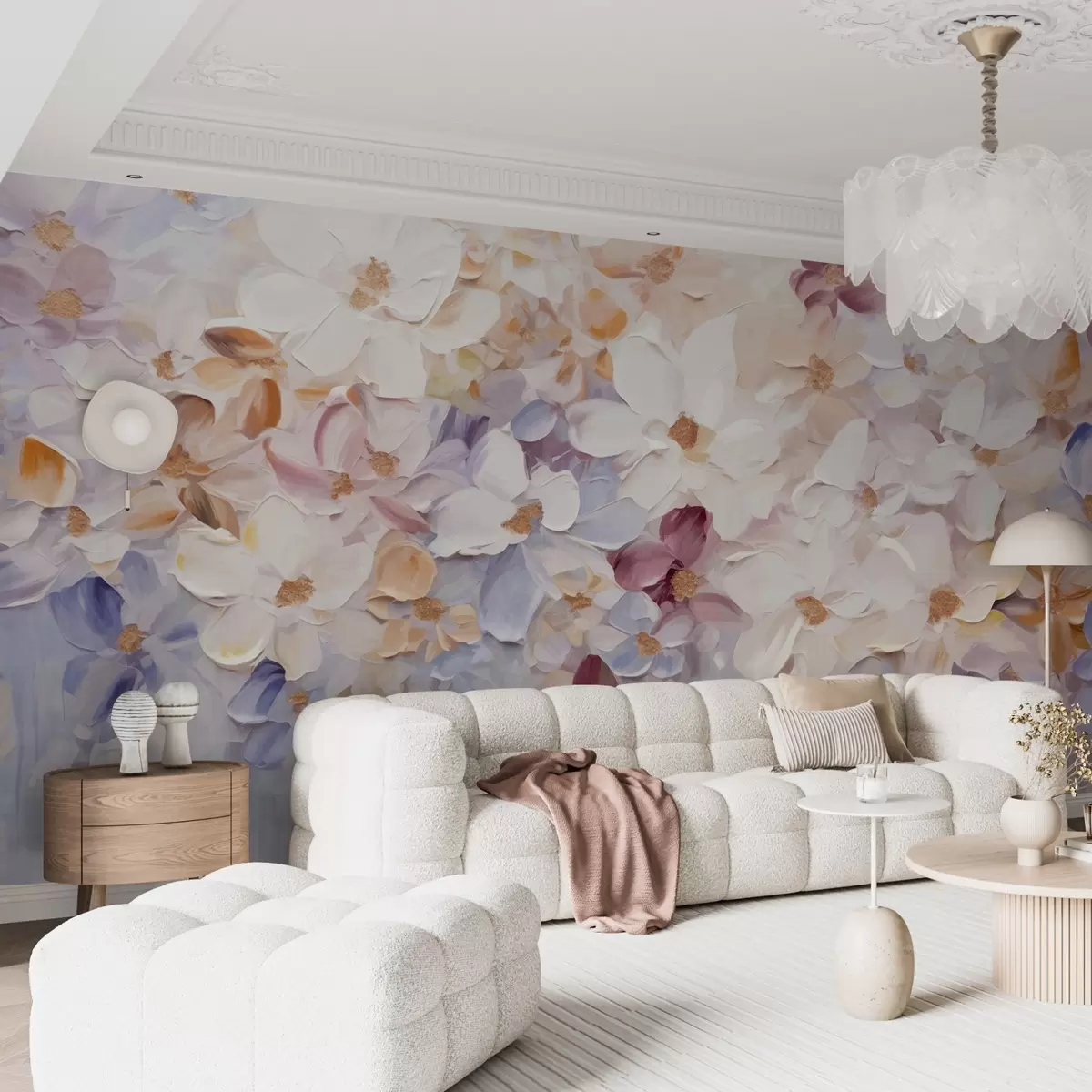 Fototapeedid Õlimaal imitatsioon lilleaia valge, roosa ja oranžide lilledega, pehmed pintslitõmbed, pastelsed vaoshoitud värvid w09236