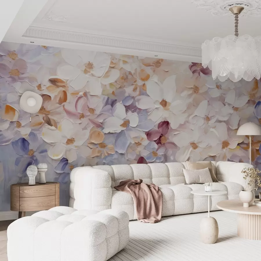 Fototapeedid Õlimaal imitatsioon lilleaia valge, roosa ja oranžide lilledega, pehmed pintslitõmbed, pastelsed vaoshoitud värvid w09236