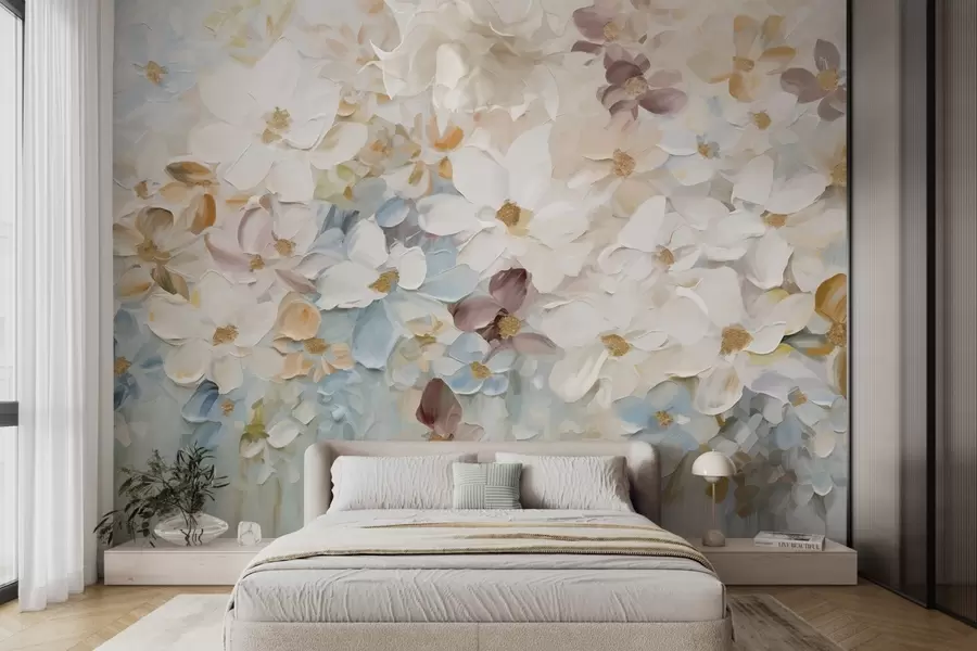 Fototapeedid Õlimaal imitatsioon lilleaed valge, sinise ja oranži lilledega, pehmed pintslitõmbed, pastelsed vaoshoitud värvid w09236v1