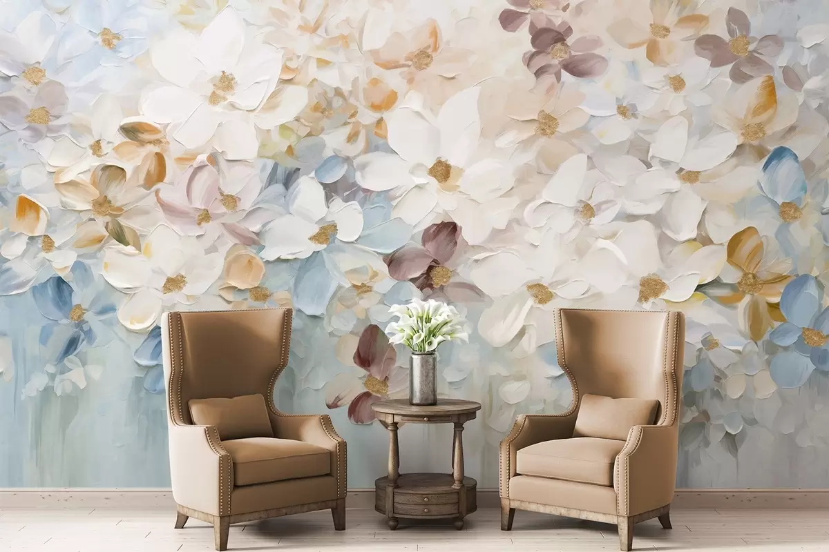 Fototapeedid Õlimaal imitatsioon lilleaed valge, sinise ja oranži lilledega, pehmed pintslitõmbed, pastelsed vaoshoitud värvid w09236v1